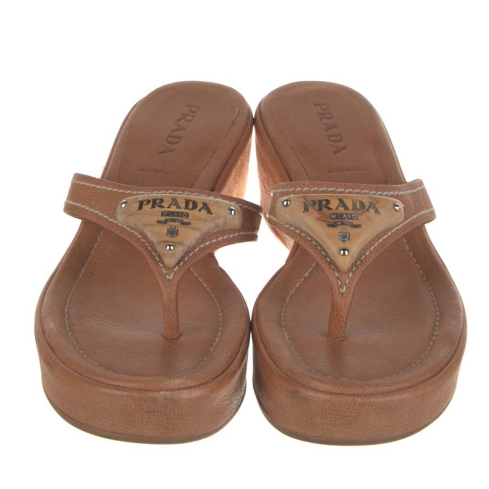 Prada Tan Leather Sandals with Logo Emblem